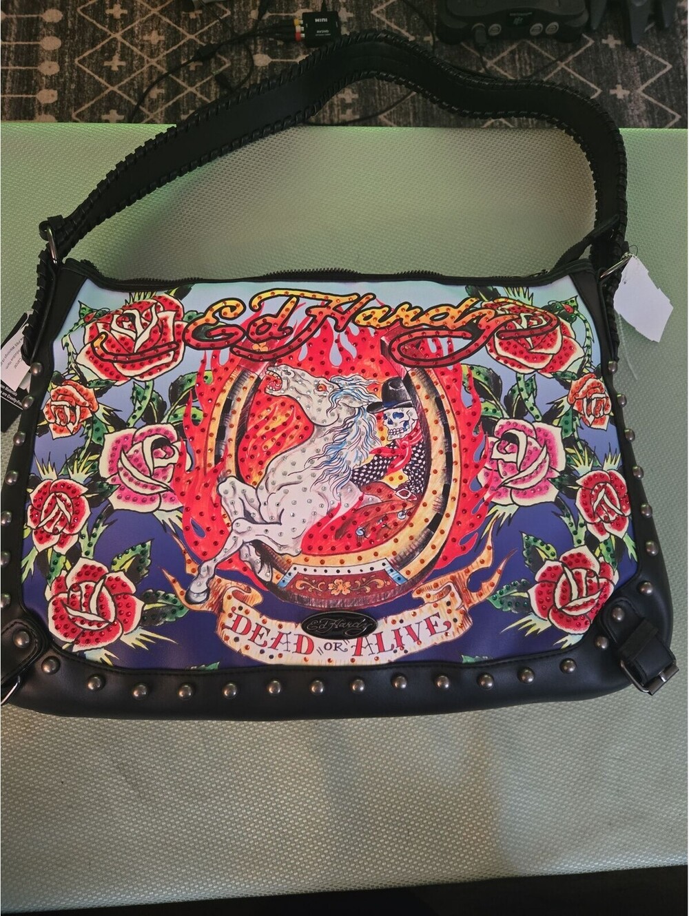 Vintage Ed Hardy 'Dead or Alive' Rhinestone Studded Hobo Bag NWT
